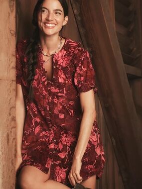 New Pilcro Keira Corduroy Victorian Deep Wine Floral Mini Dress - Size XS